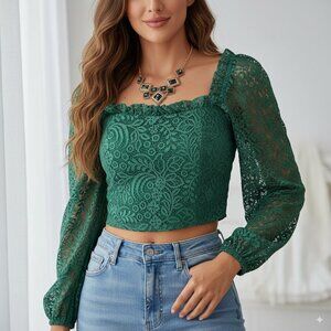 BELLEVUE THE LABEL Charlotte Green Lace Smock Ruffle Blouse Top Size Small NWT